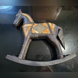 Vintage Wood Rocking Horse Figure Art Sculpture Hammered Keep y Cooper Inlay 12”
